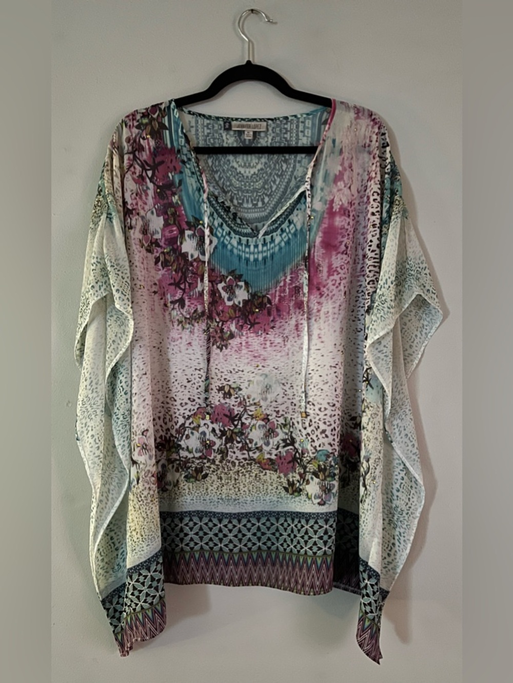 Jennifer Lopez Floral Print V-Neck Poncho Top in Teal, Pink, Cream